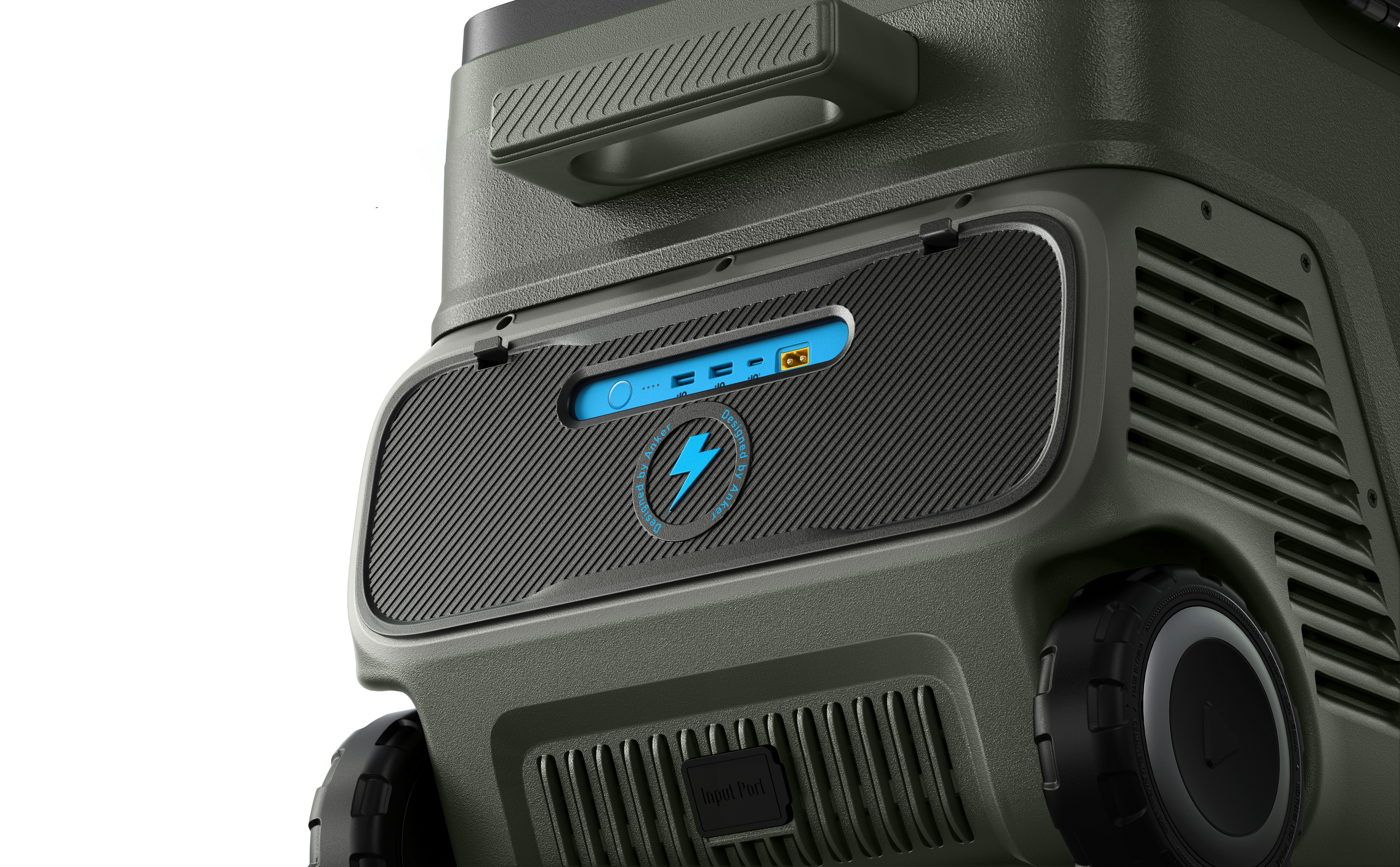 Centrale elettrica verde e nera con un logo a forma di fulmine blu e porte. Le ruote sono visibili in basso.