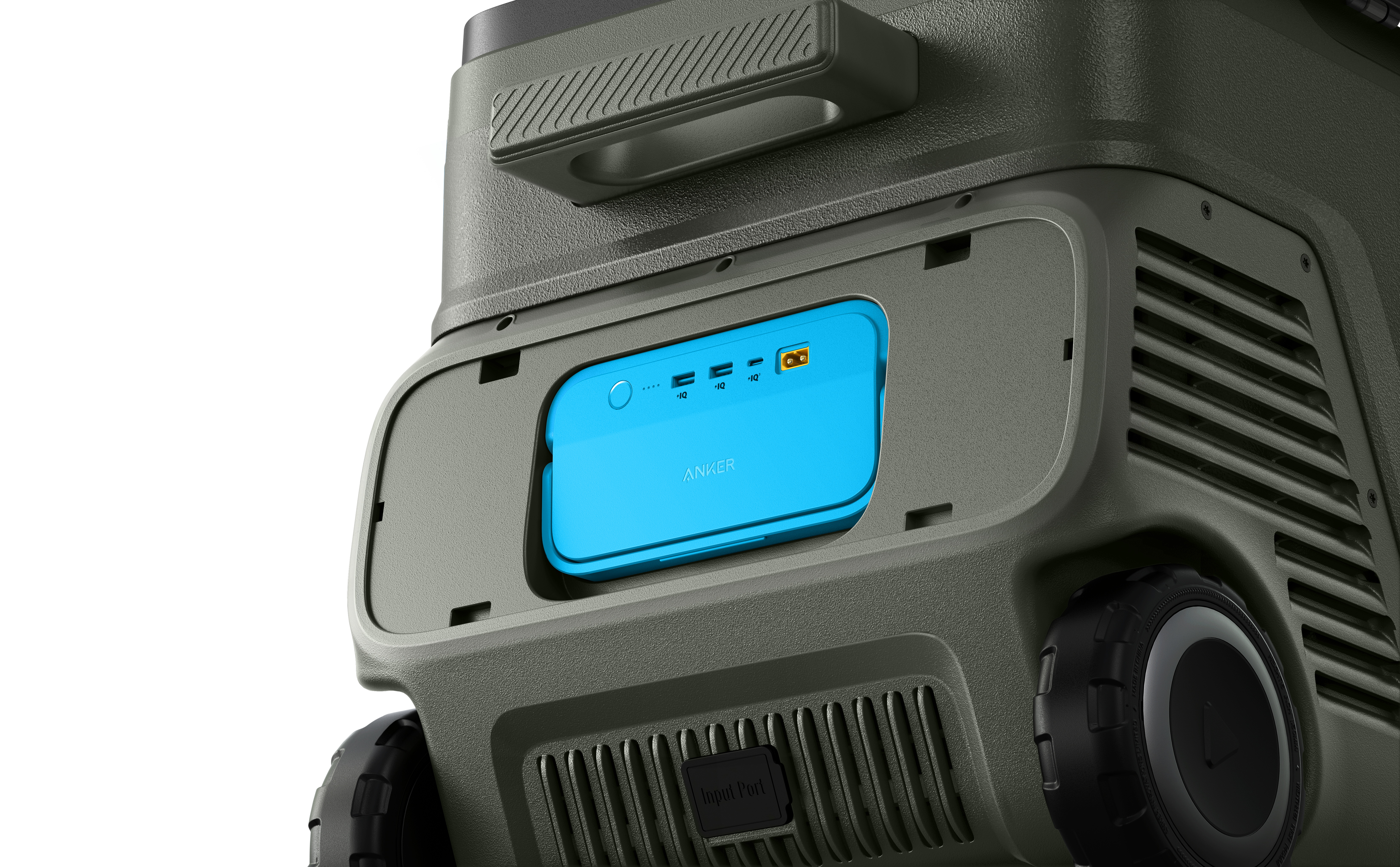 Una stazione di alimentazione portatile verde oliva con un power bank Anker blu all'interno.