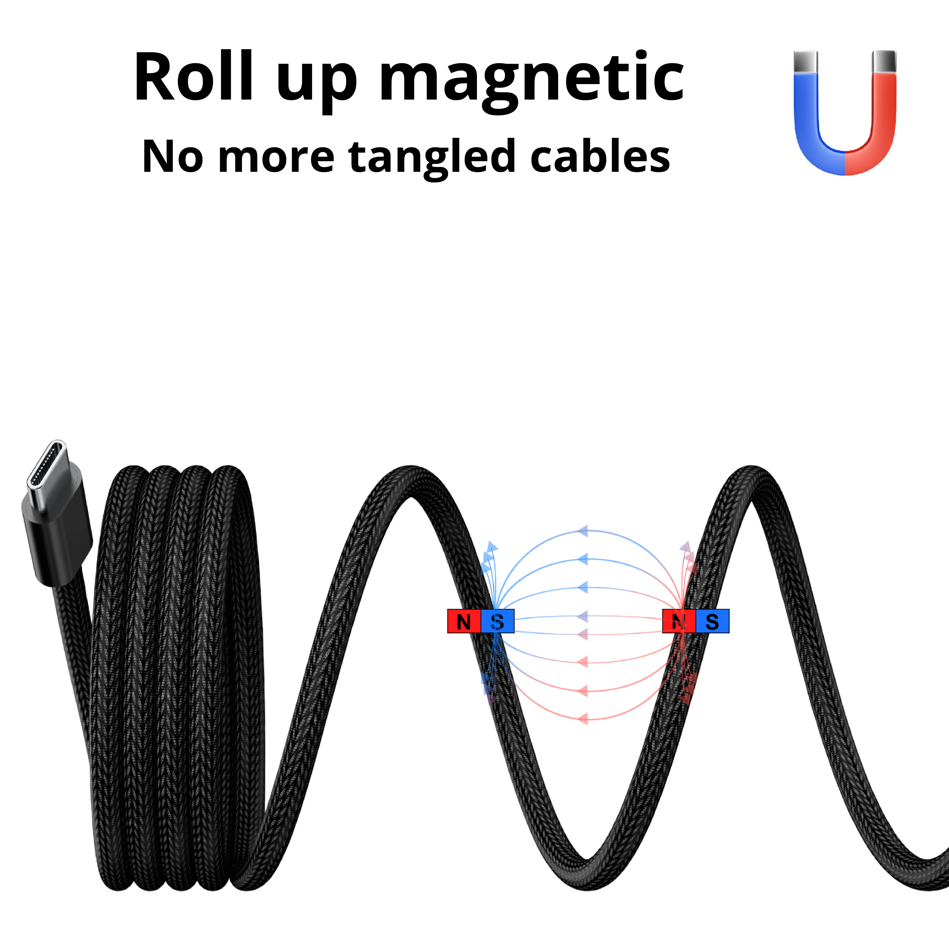 Zwarte kabel met magnetische uiteinden en een U-vormige magneet die magnetische velden toont.