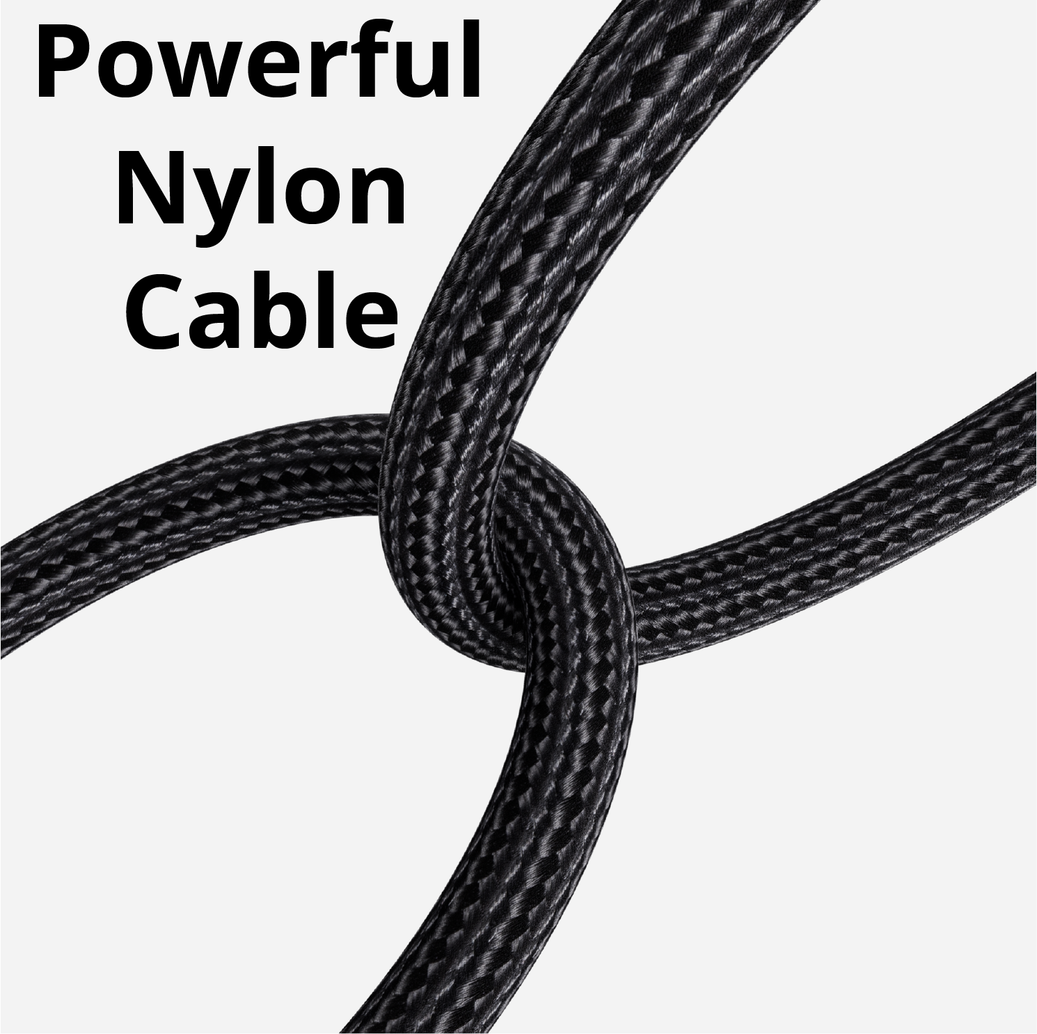 Zwarte gevlochten nylon kabel, verweven. De woorden "Powerful Nylon Cable" staan bovenaan.