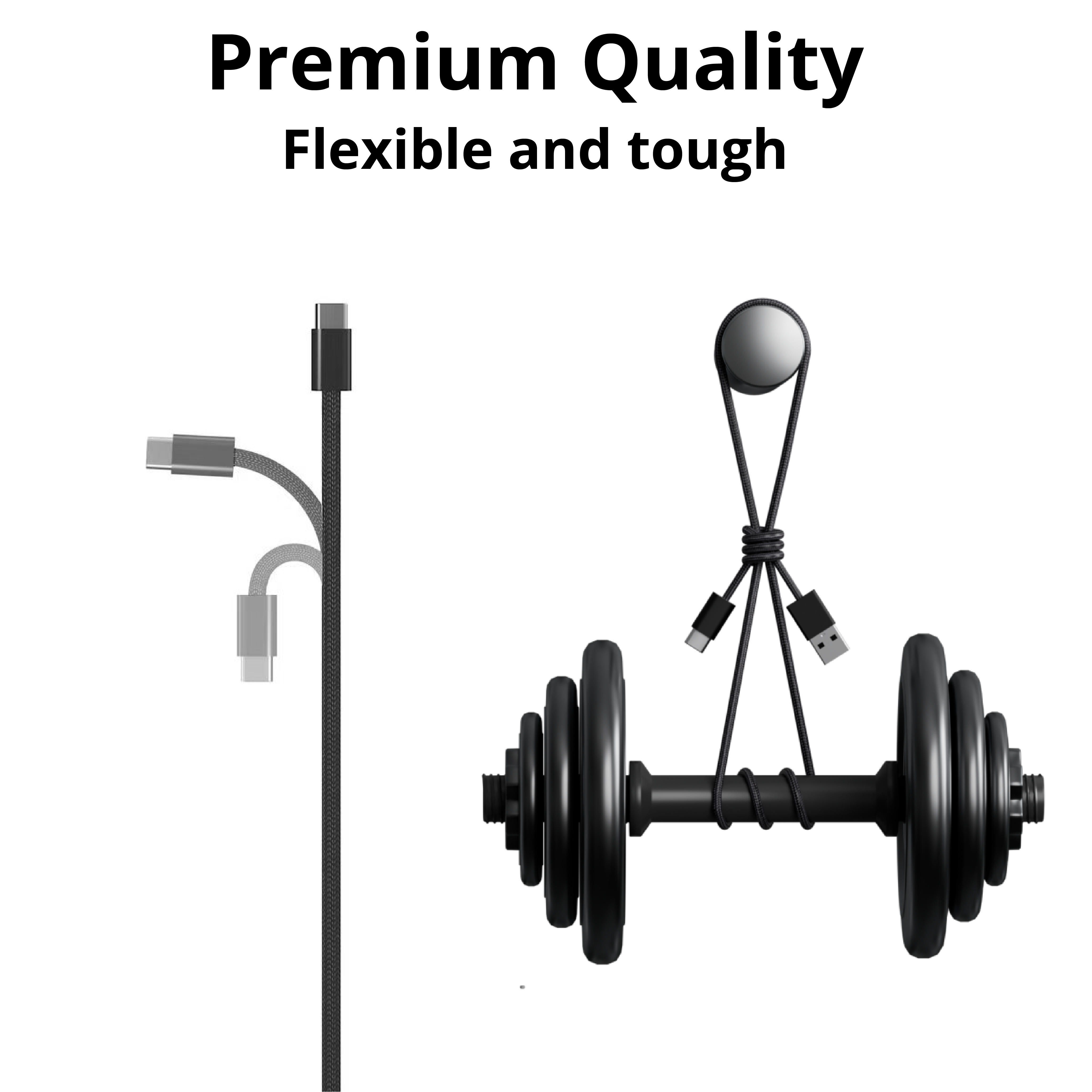 USB-kabels vastgebonden aan een gewicht, met tekst 'Premium Kwaliteit Flexibel en Sterk'.