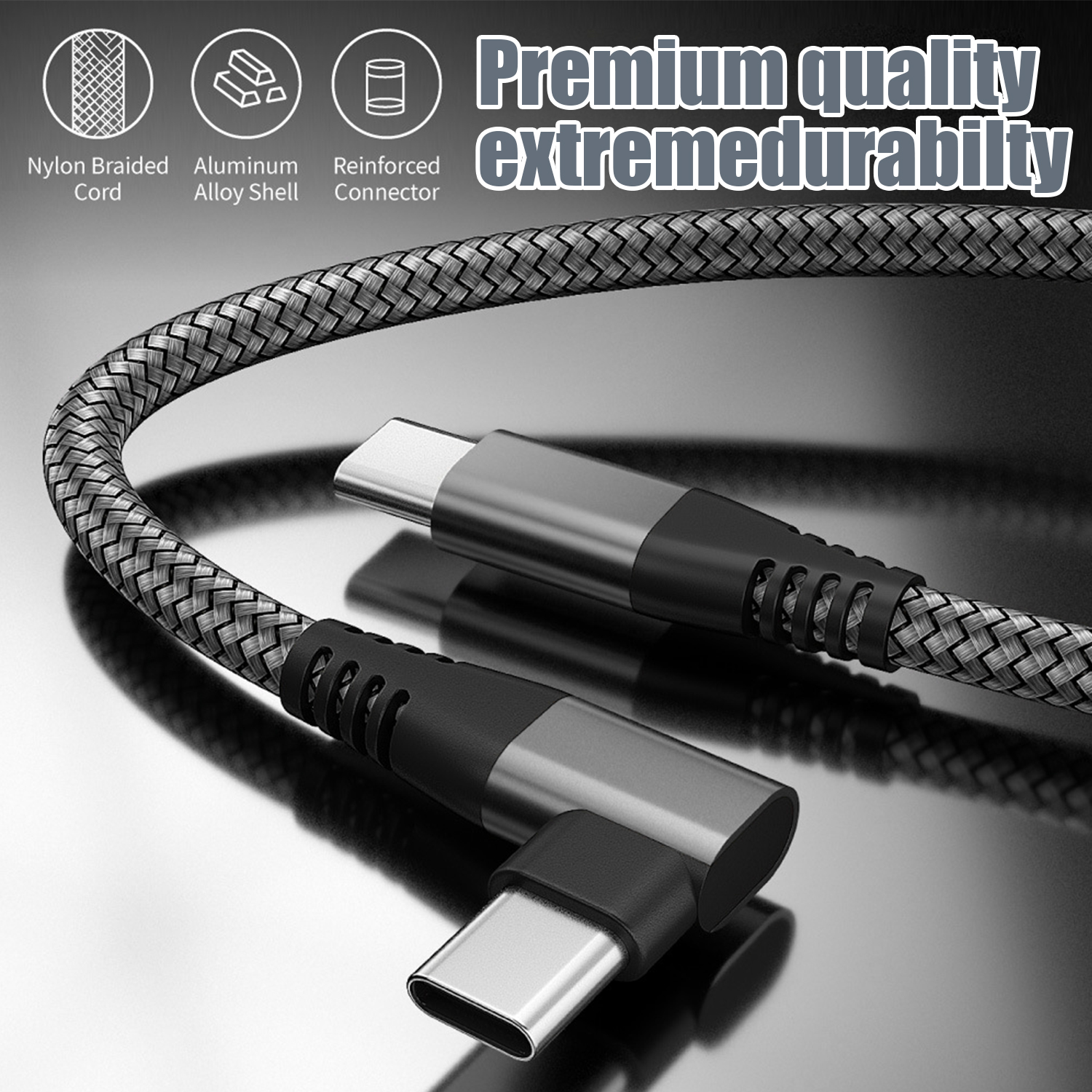 USB-C cable with nylon braided cord and aluminum alloy shell. The cable has a right angle connector.