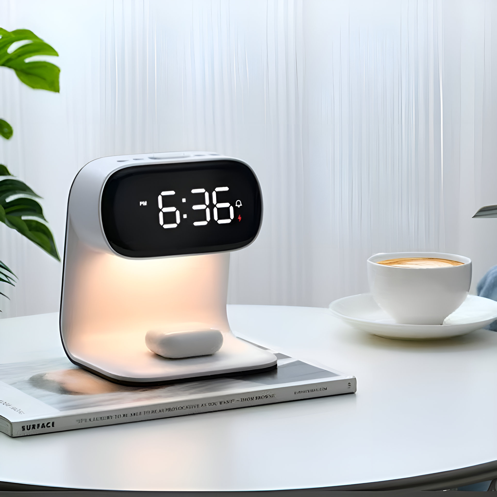 Weiß-schwarzer Wecker mit Digitalanzeige 6:35, kabelloser Ladestation und einer Tasse.