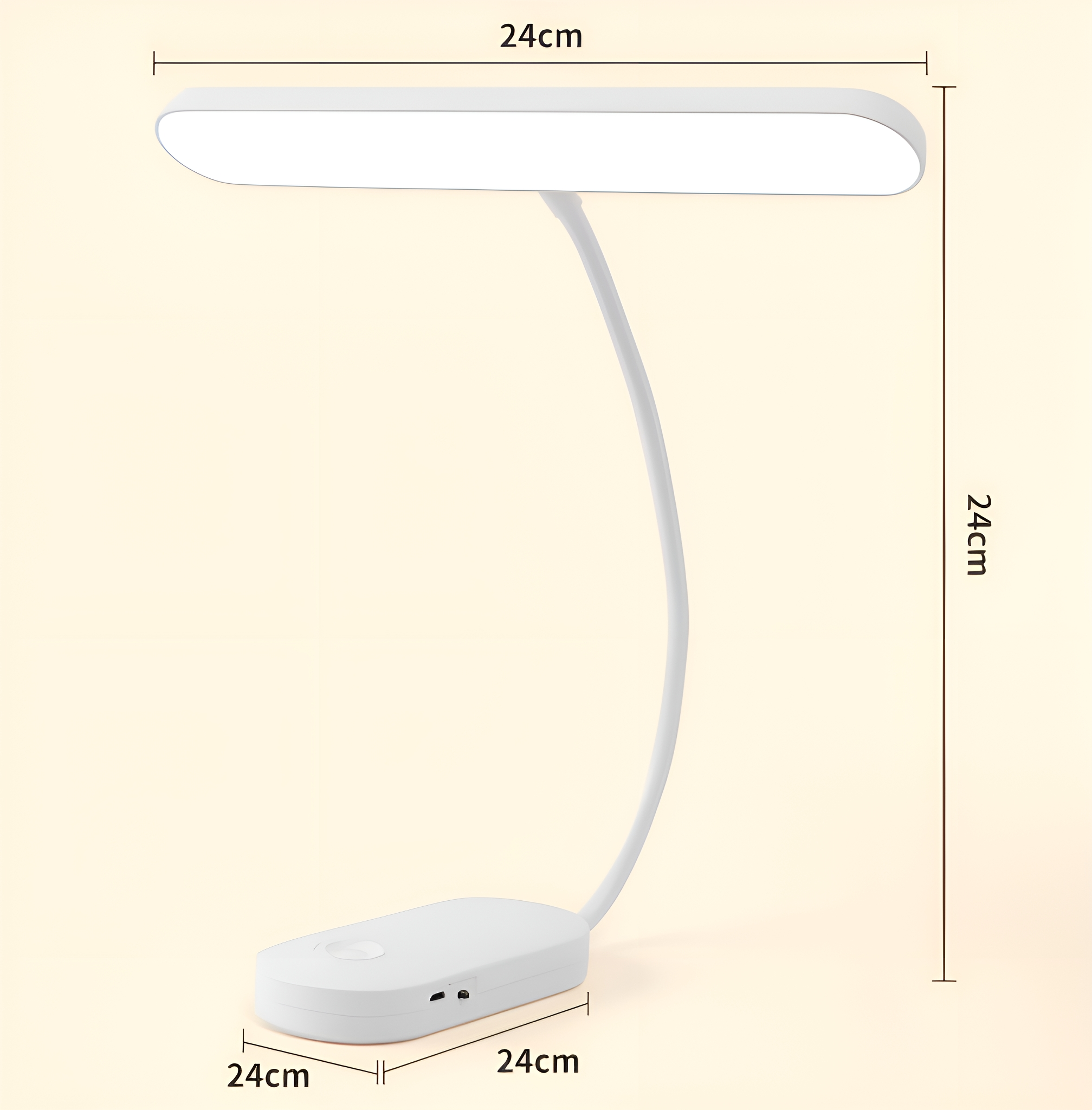 Weiße Schreibtischlampe mit gebogenem Hals und rechteckigem Sockel mit beschrifteten Abmessungen.