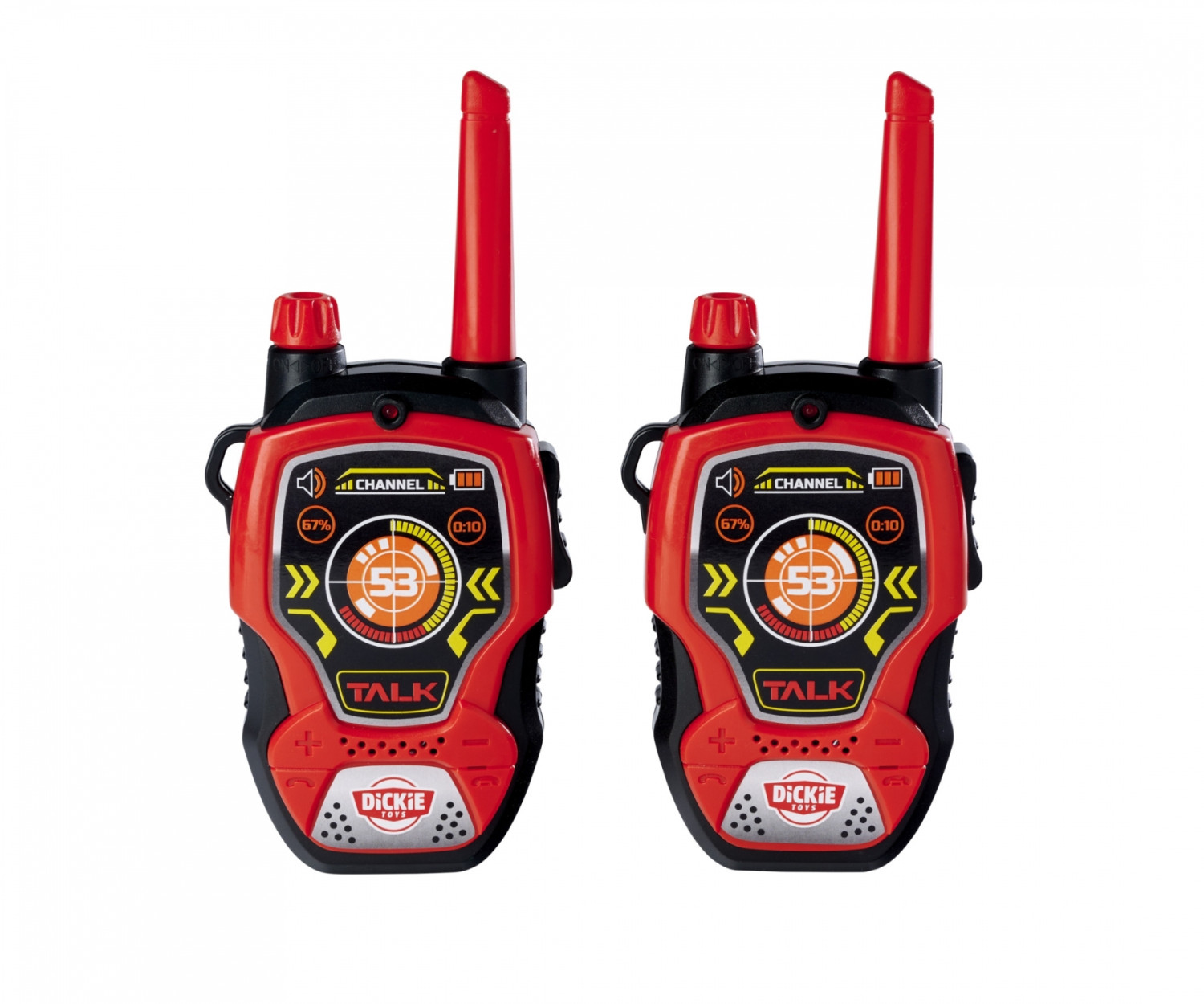 Zwei rot-schwarze Walkie-Talkies mit Antennen, Bildschirmen und Knöpfen, beschriftet mit 'TALK' und einem Markenlogo.
