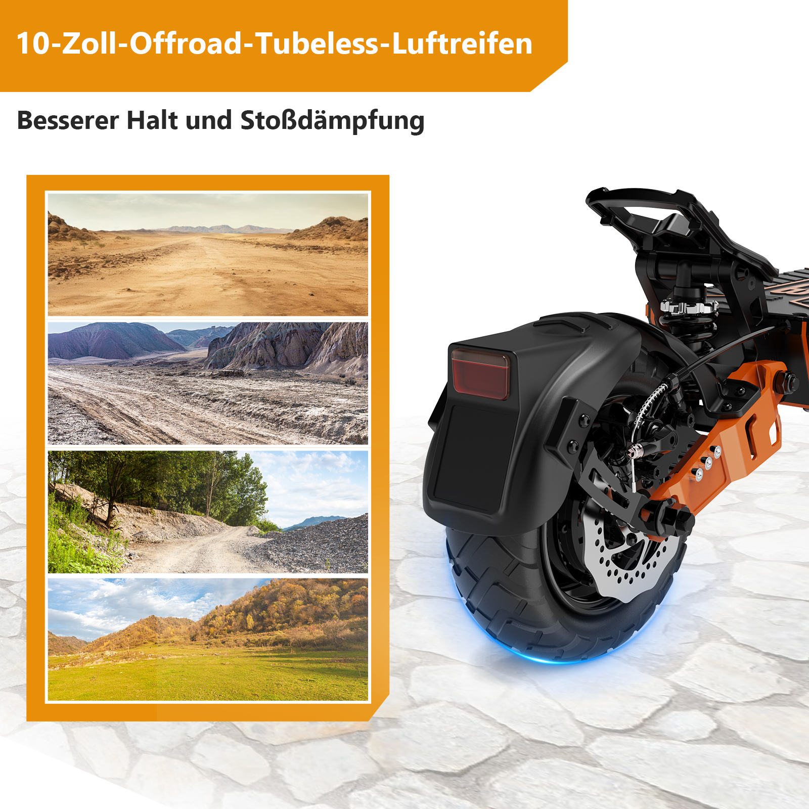 Hulajnoga terenowa z obrazami terenu, schemat kolorów pomarańczowo-czarny.