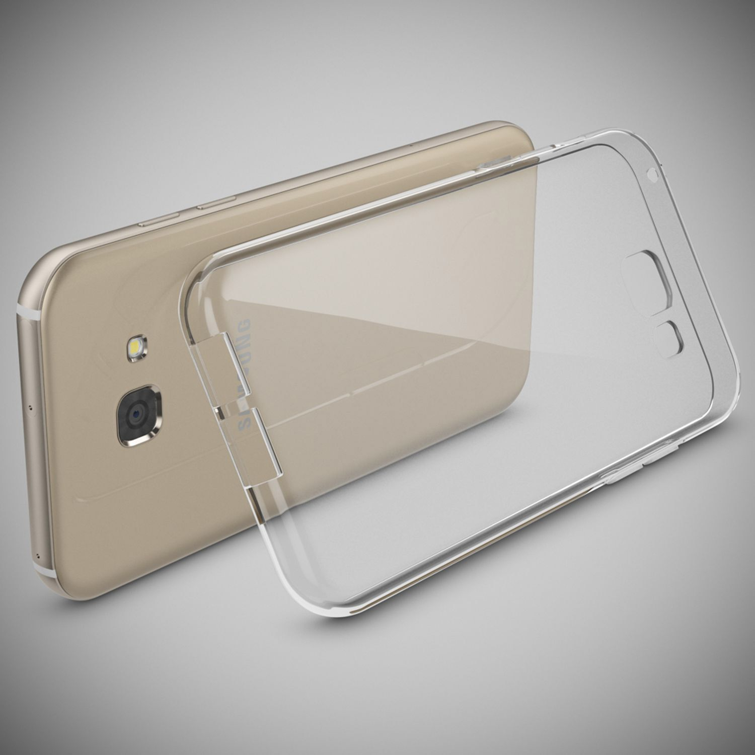 Smartphone dorato con custodia trasparente. La custodia è parzialmente aperta, rivelando il retro.