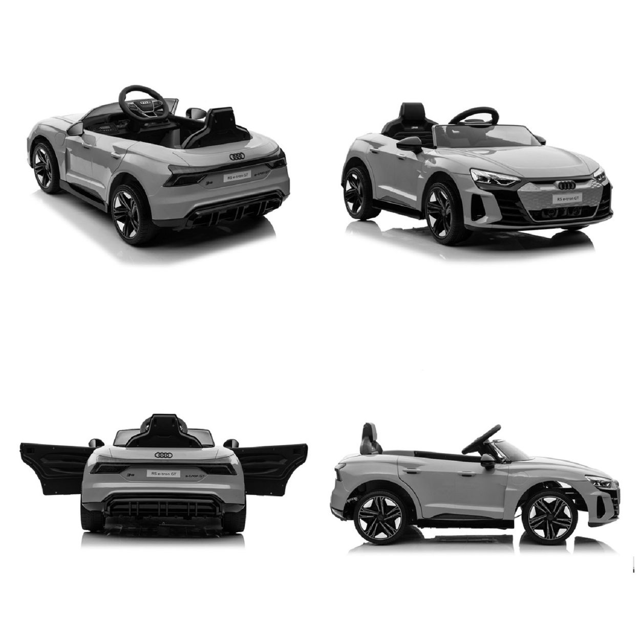 Vier Ansichten eines grauen Spielzeugautos. Es ähnelt einem Audi RS e-tron GT. Das Auto hat Türen, die sich öffnen lassen.