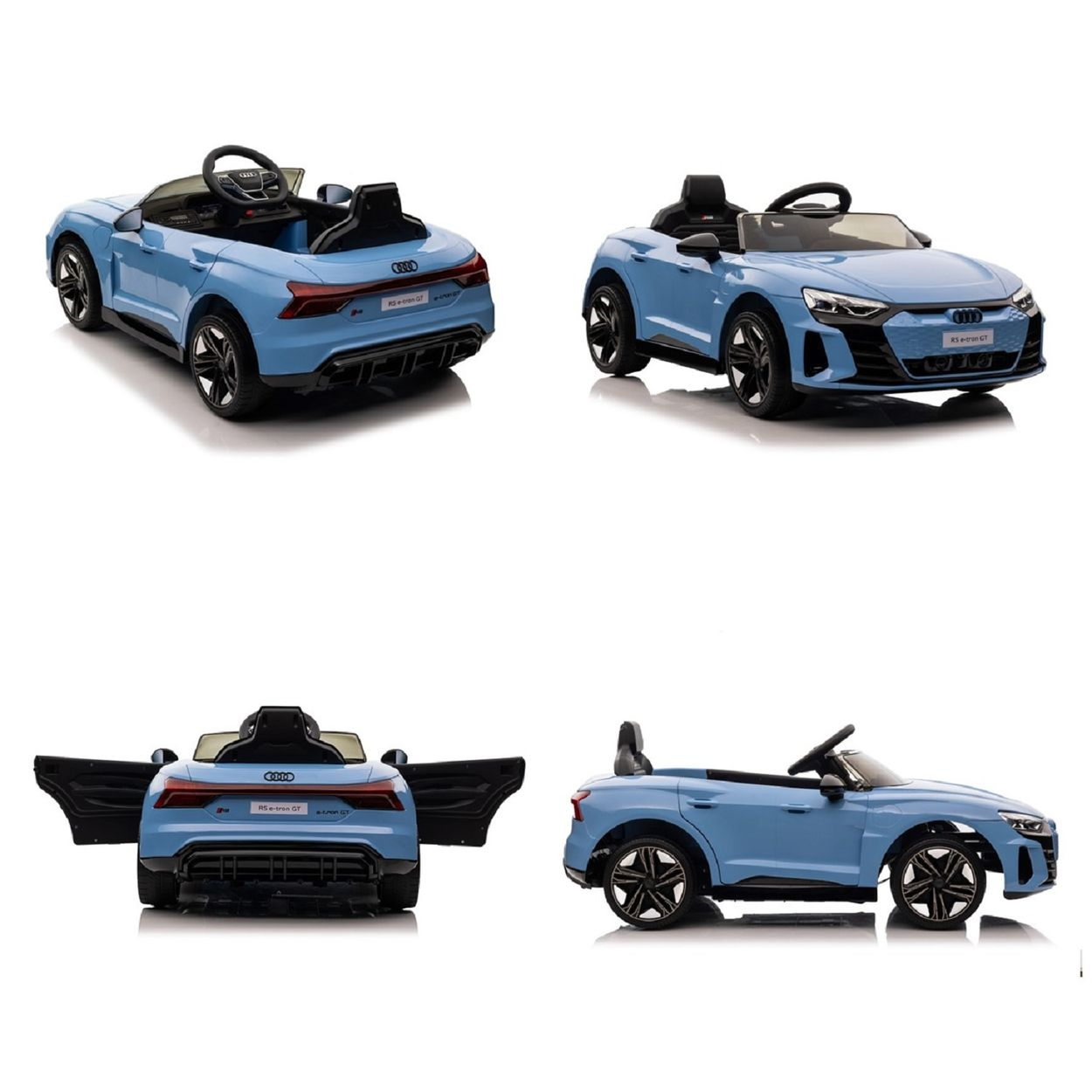 Vier Ansichten eines blauen Spielzeugautos für Kinder mit offenen Türen. Es hat ein Lenkrad und Sitze.
