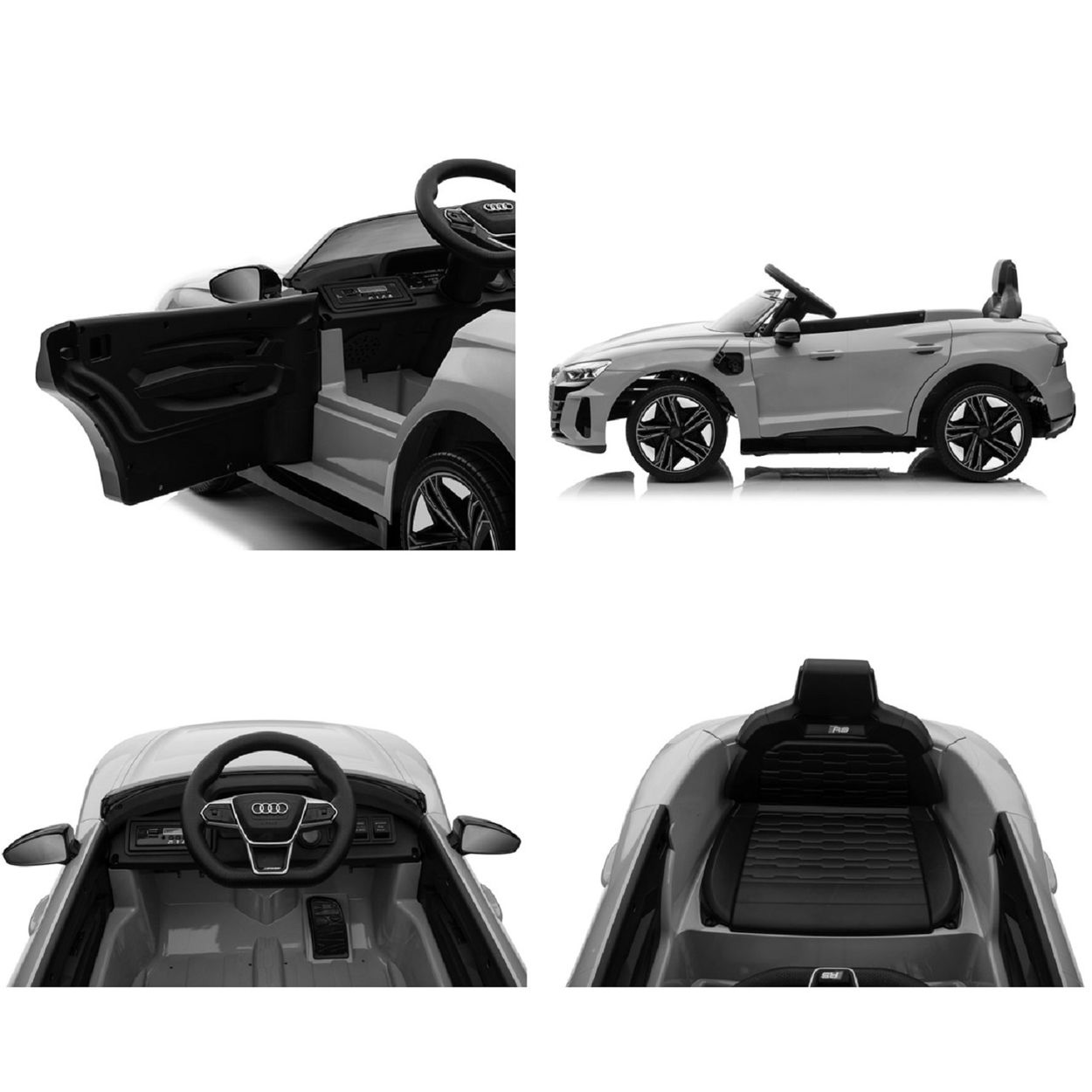 Vier Bilder eines Spielzeugautos. Ein weißes und graues Spielzeugauto mit offenen Türen und Innenraum.