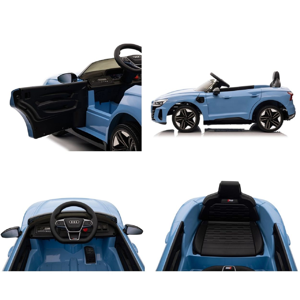 Mehrere Ansichten eines blauen Spielzeugautos. Die Türen sind in einer Ansicht geöffnet.