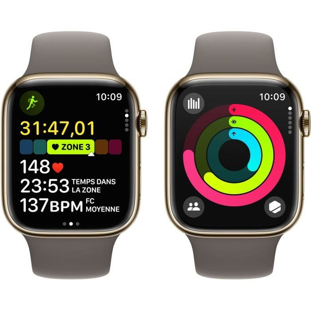 Zwei Smartwatches, die Zeit, Fitnesswerte und Aktivitätsringe anzeigen.