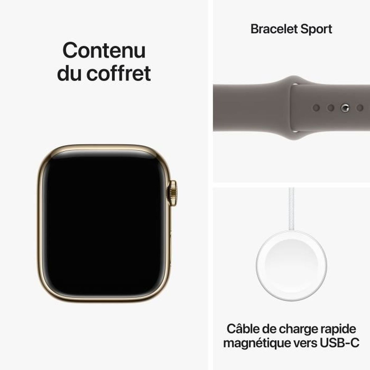 Goldene Apple Watch, schwarzer Bildschirm, graues Band und weißes Ladegerät.