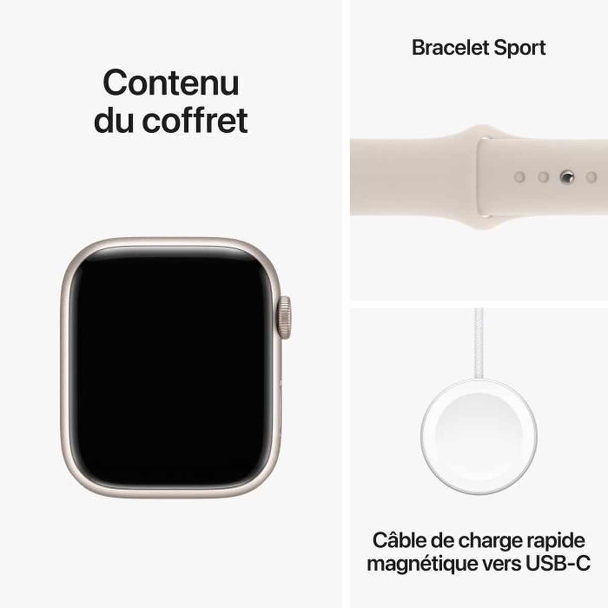Een Apple Watch, sportband en magnetische oplaadkabel.