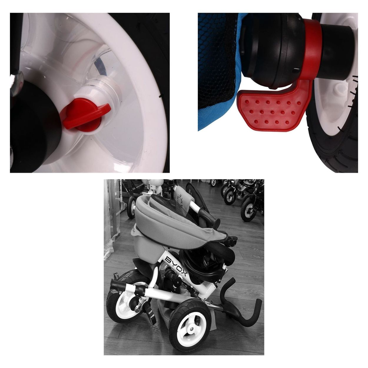 Detalles de triciclo: pedal rojo, rueda y vista plegada.