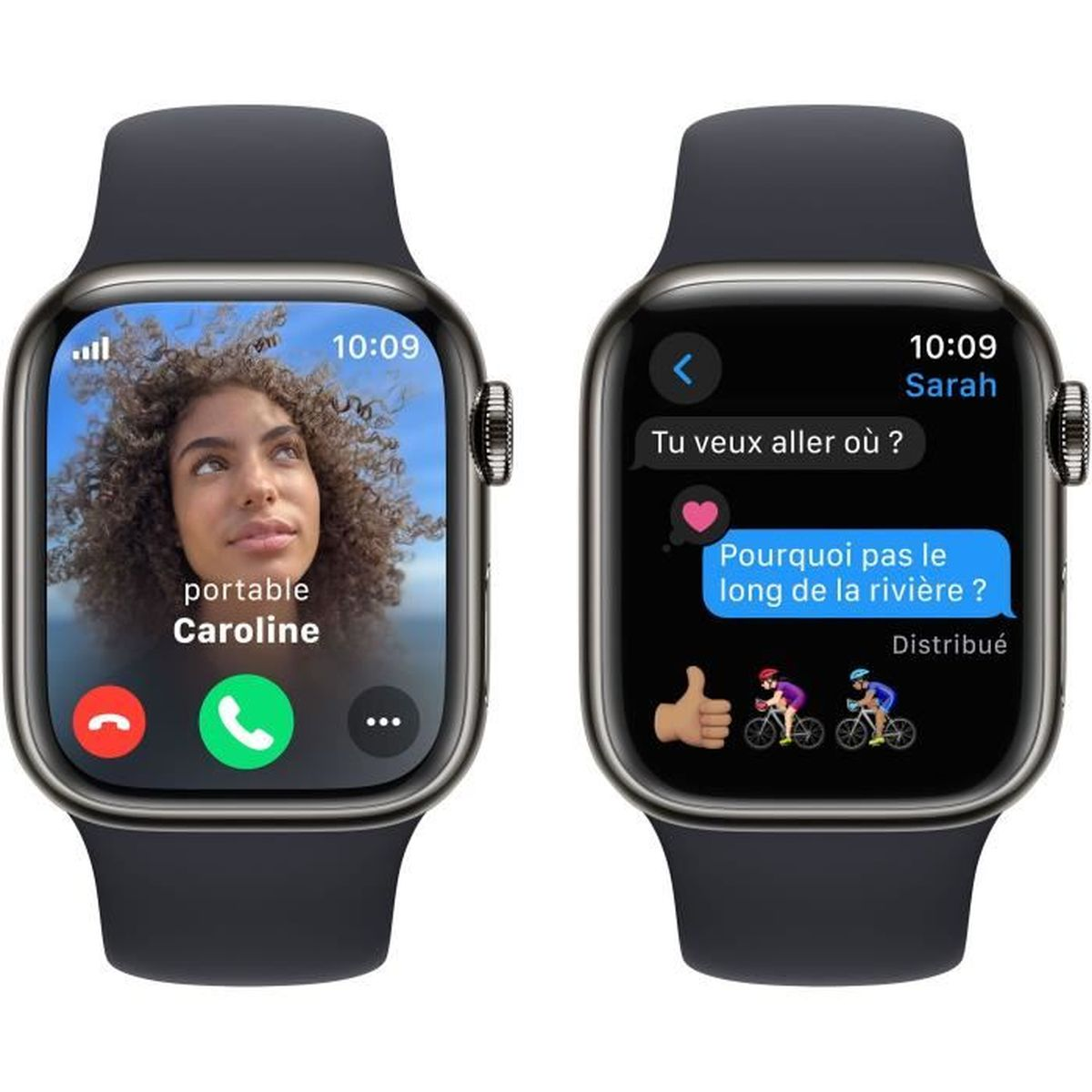 Zwei Smartwatches, die einen Videoanruf und eine Nachrichtenkonversation auf den Bildschirmen anzeigen.