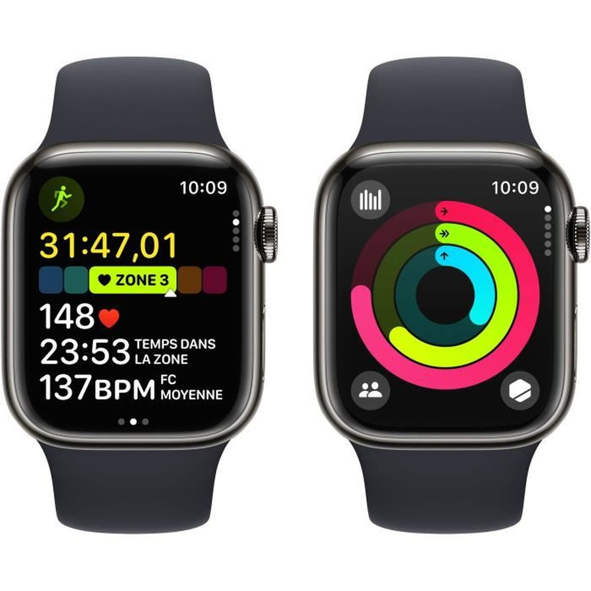 Zwei Smartwatches mit schwarzen Armbändern, die Fitnessdaten und Aktivitätsringe anzeigen.