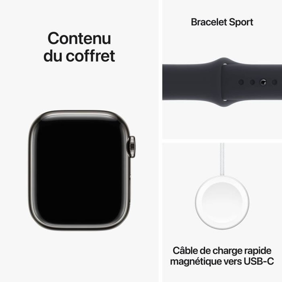 Ein weißer Hintergrund zeigt eine schwarze Apple Watch, ein schwarzes Armband und ein Ladekabel mit französischem Text.