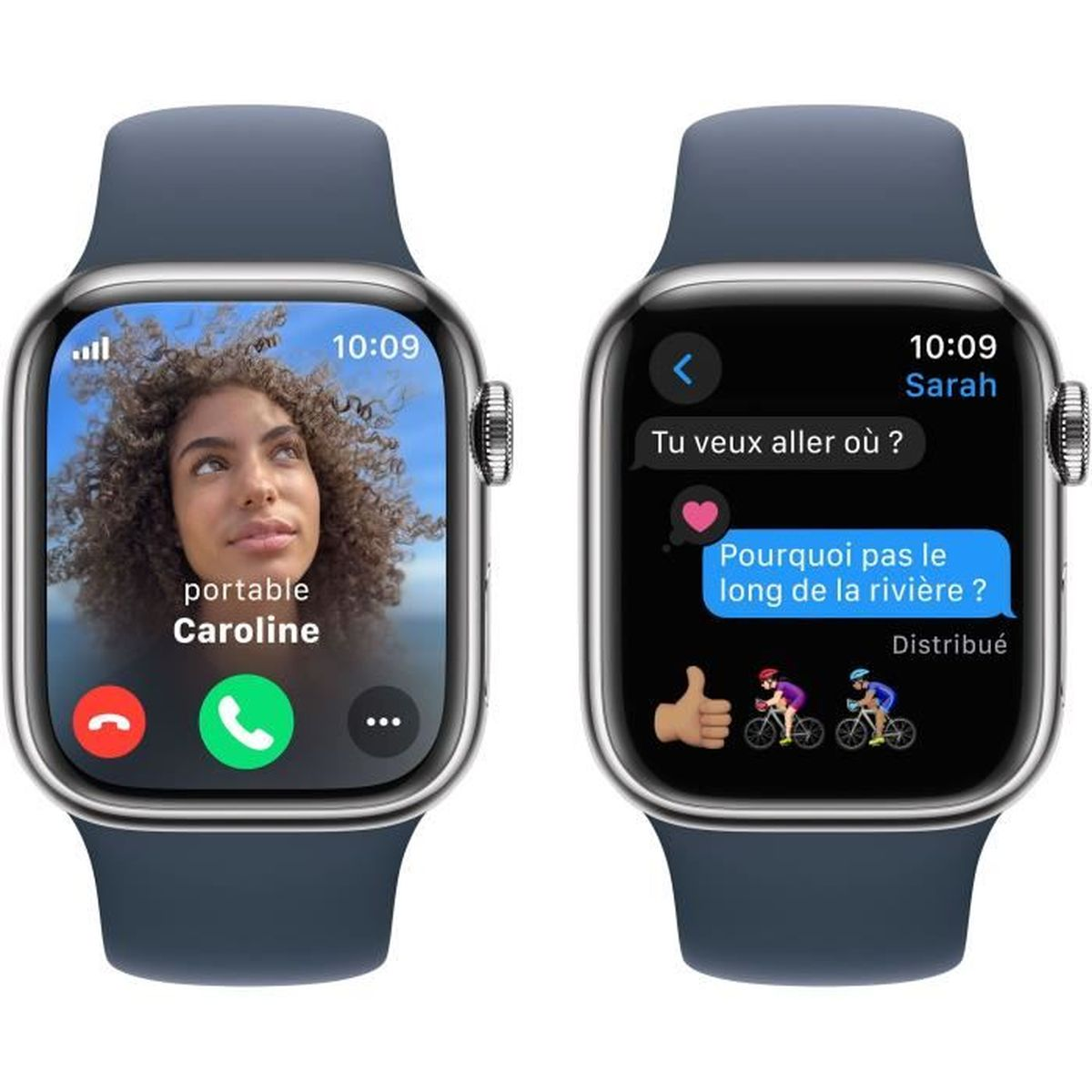 Zwei Apple Watch Geräte, eines zeigt einen Videoanruf, das andere eine Textnachricht.