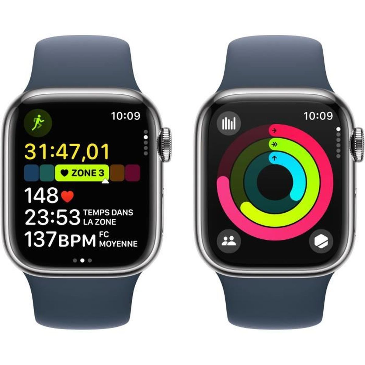Zwei Smartwatches mit blauen Armbändern. Eine zeigt Trainingsdaten, die andere eine kreisförmige Aktivitätsanzeige.
