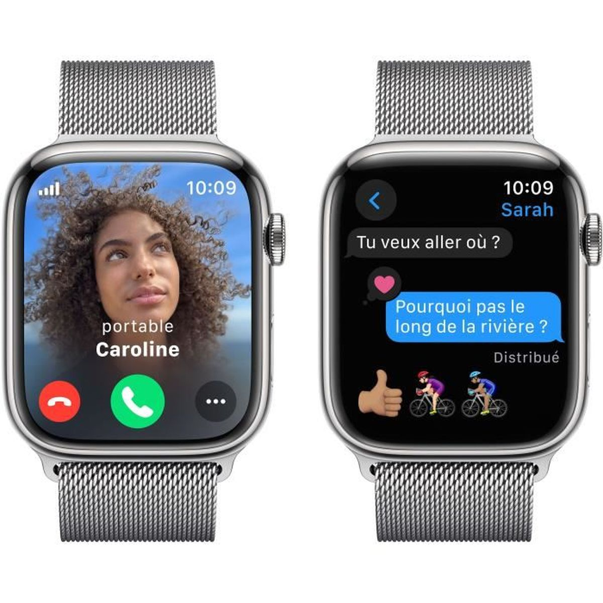 Zwei Apple Watches. Eine zeigt einen Anruf, die andere eine Nachricht mit Daumen hoch und Fahrrad-Emojis.