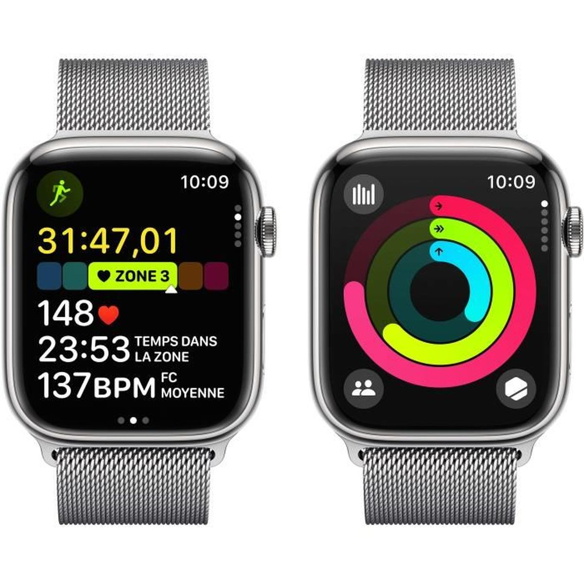 Zwei Smartwatches, eine mit Aktivitätsdetails, die andere mit Fitnesskennzahlen.