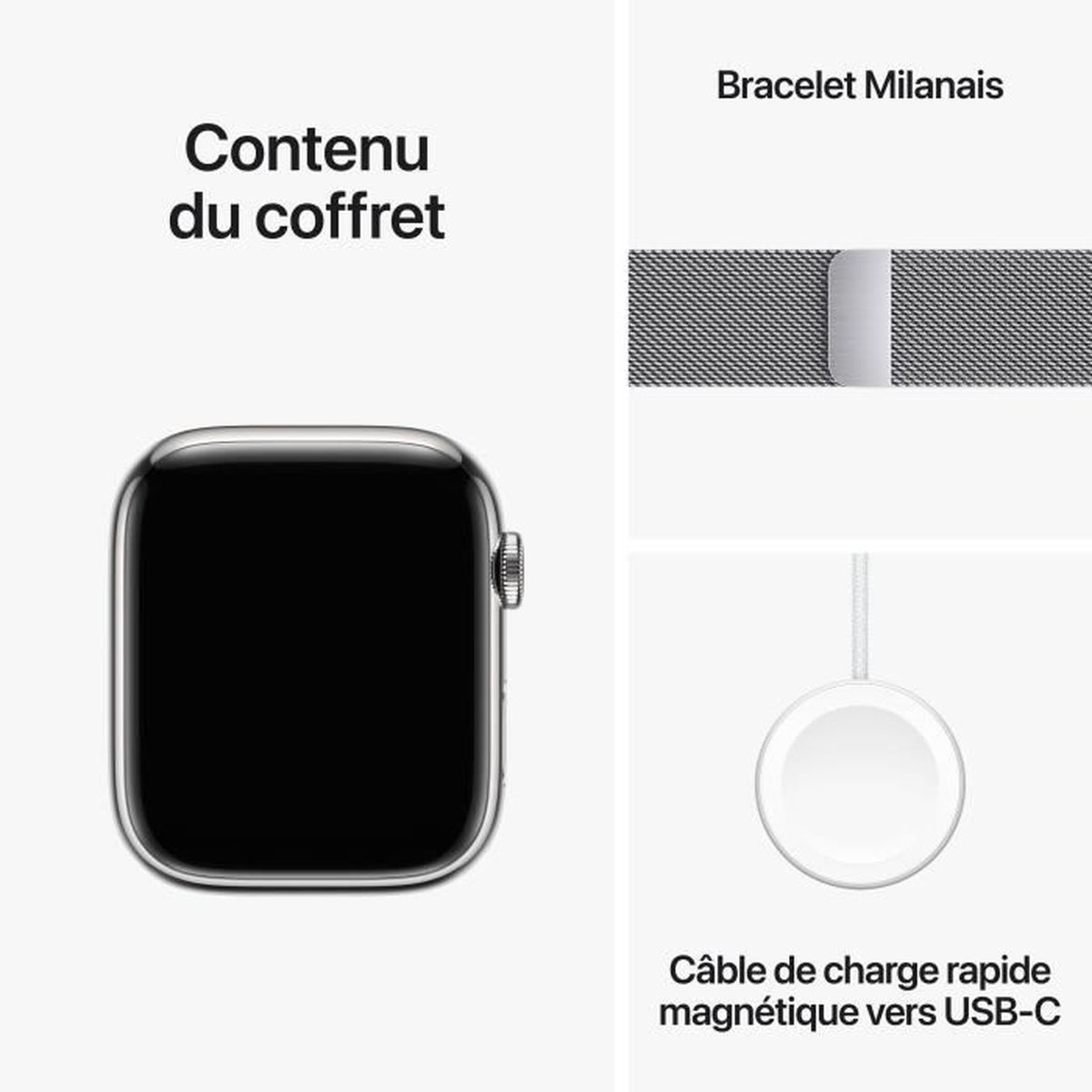 Eine Apple Watch, ein Milanese Loop Armband und ein magnetisches Ladekabel auf weißer Oberfläche. Beschriftet.