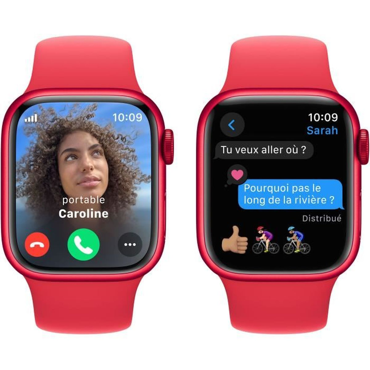 Two red smartwatches, showing calls and text messages on their screens, with a red band.