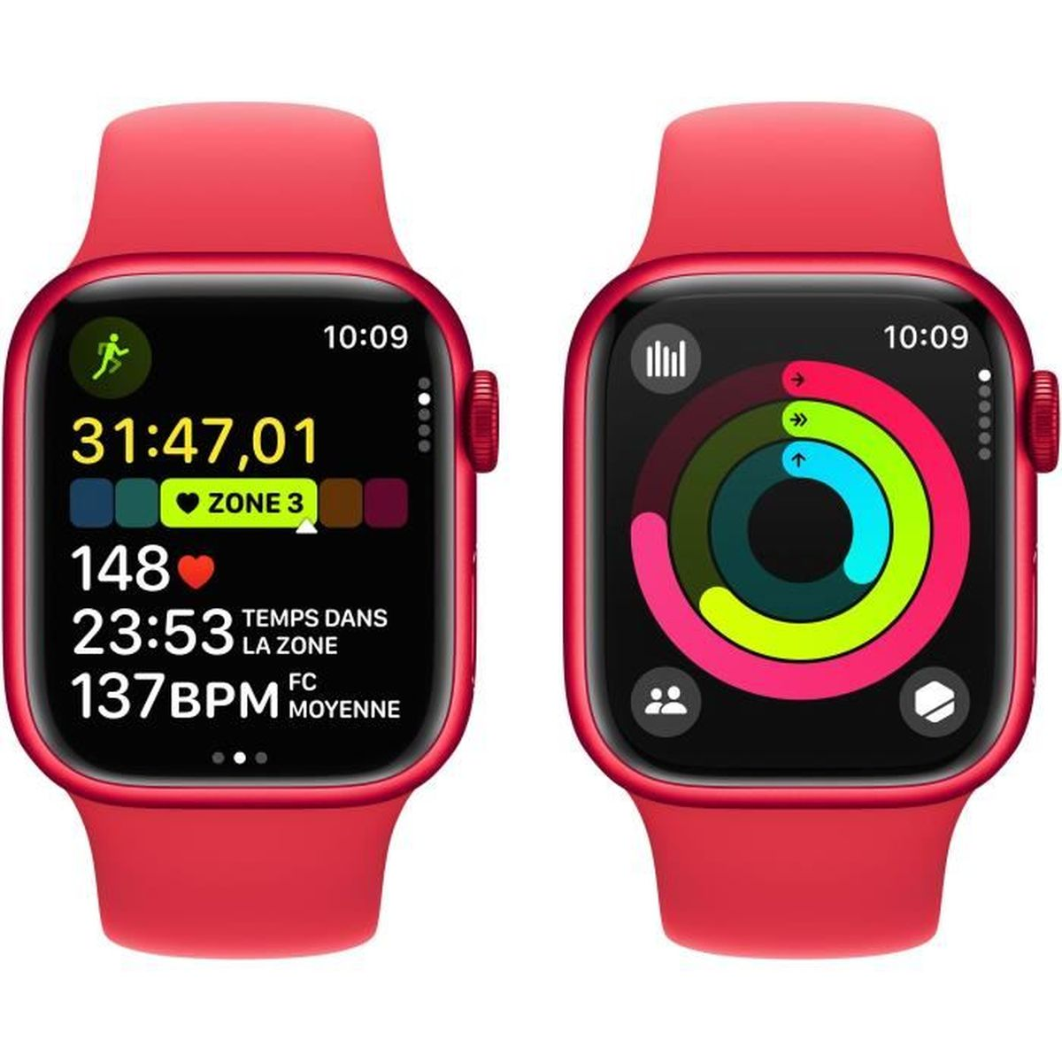 Two red smartwatches displaying fitness data, including heart rate, time, and activity rings.