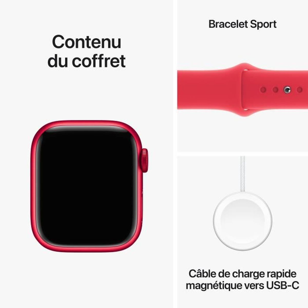 Apple watch with red strap and charging cable. White background. Contains a quick magnetic USB-C charger.