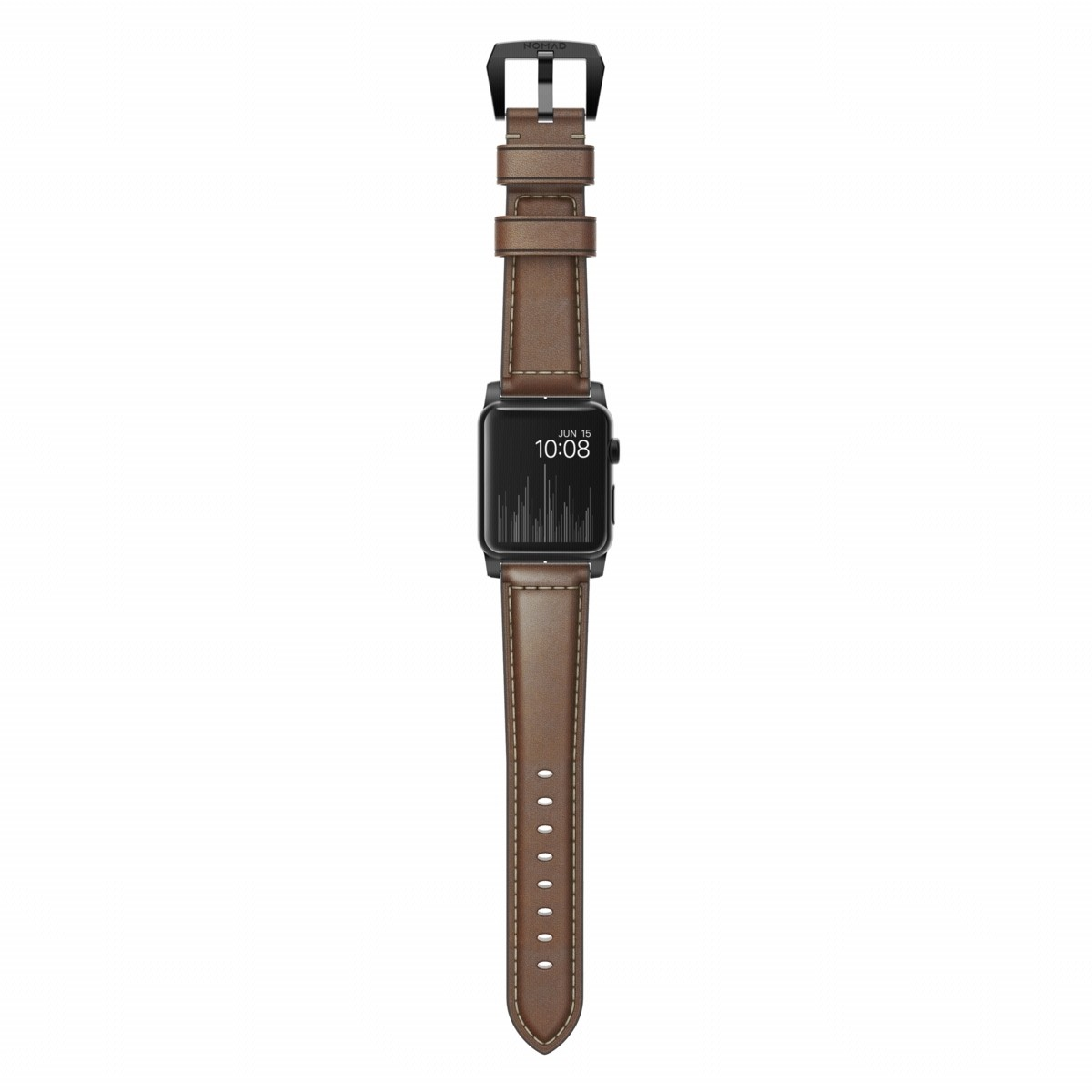 Un orologio in pelle marrone con quadrante nero e cinturino in pelle marrone. L'ora è 10:08.