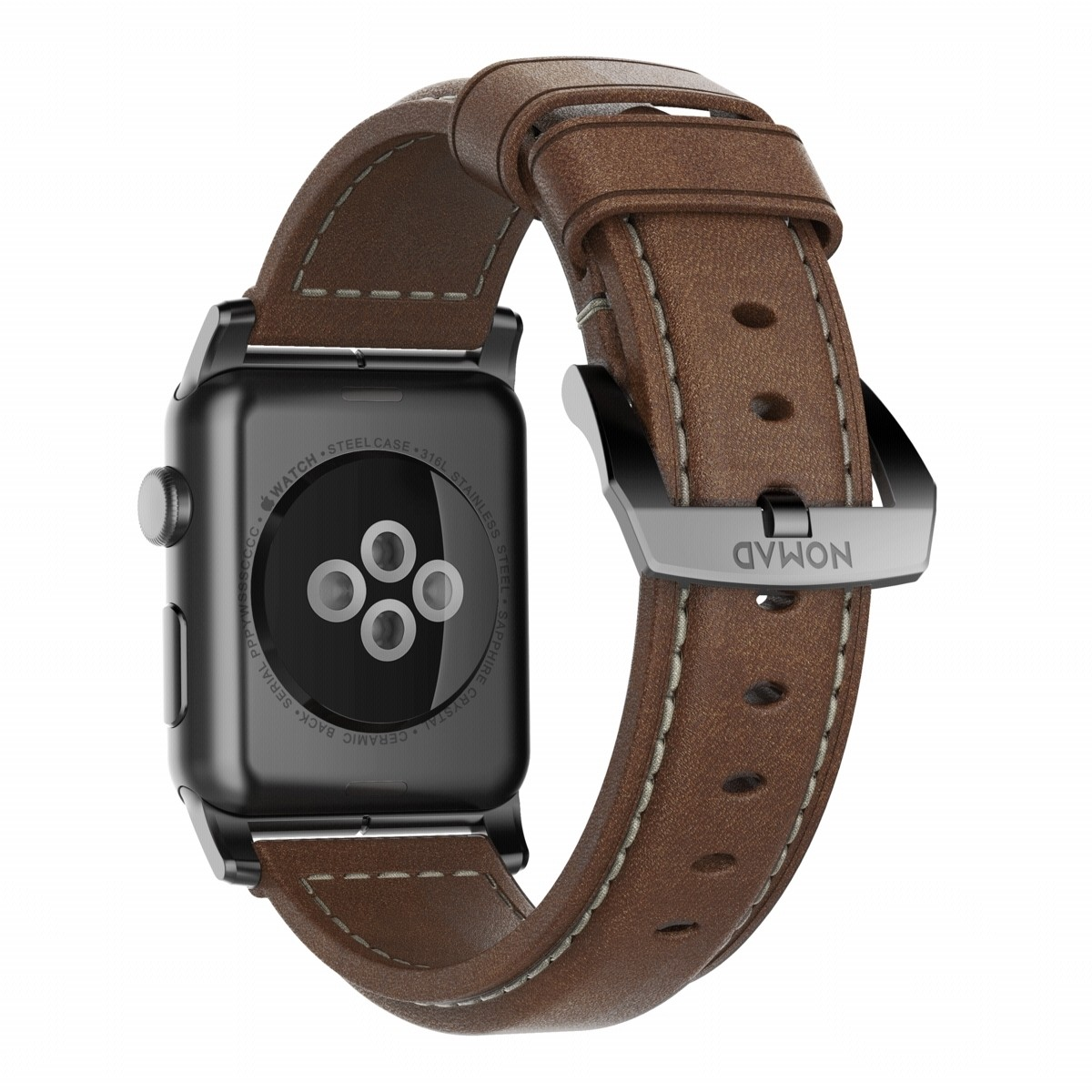 Un Apple Watch nero con cinturino in pelle marrone.