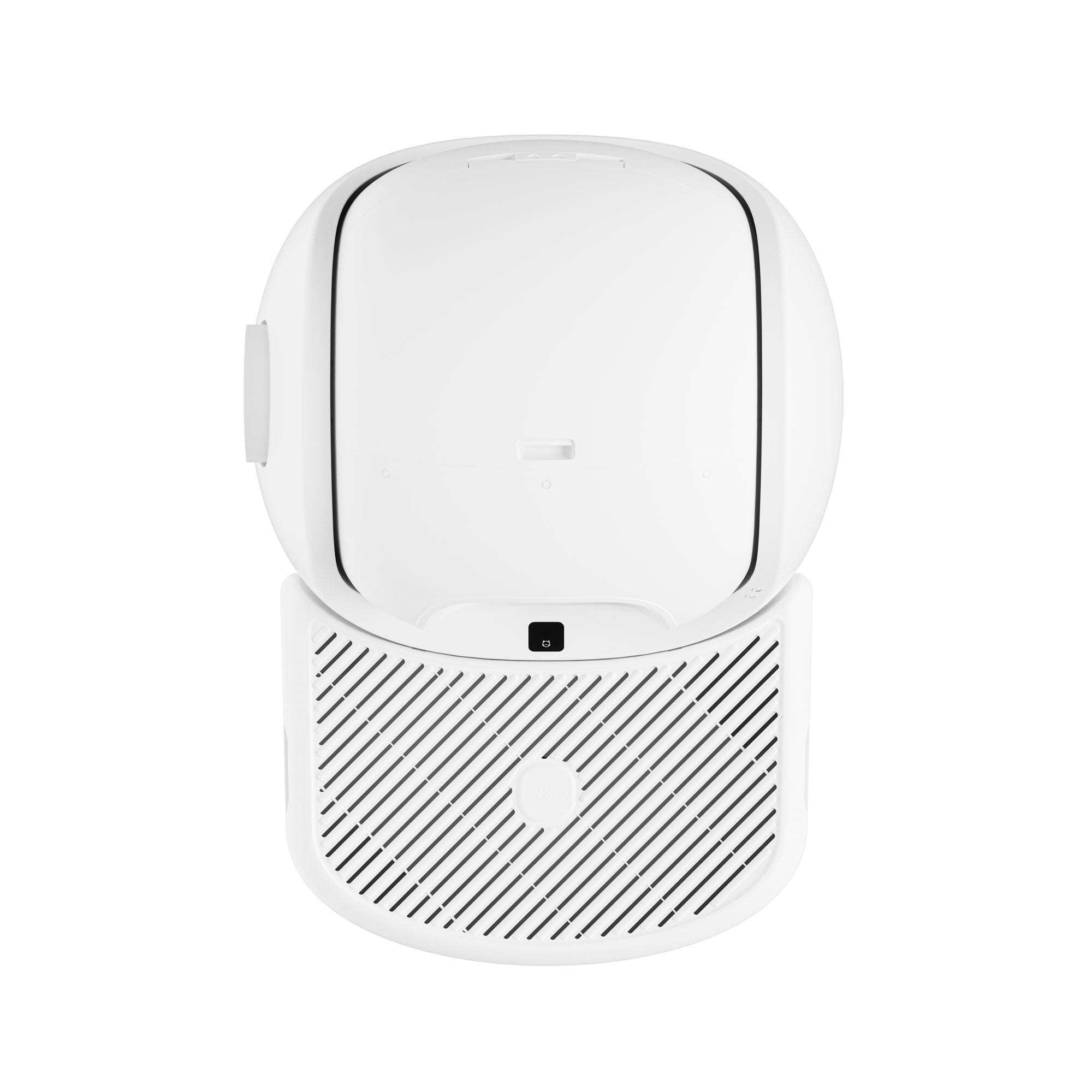 A white, modern-looking cat litter box with a slotted base and a lid.