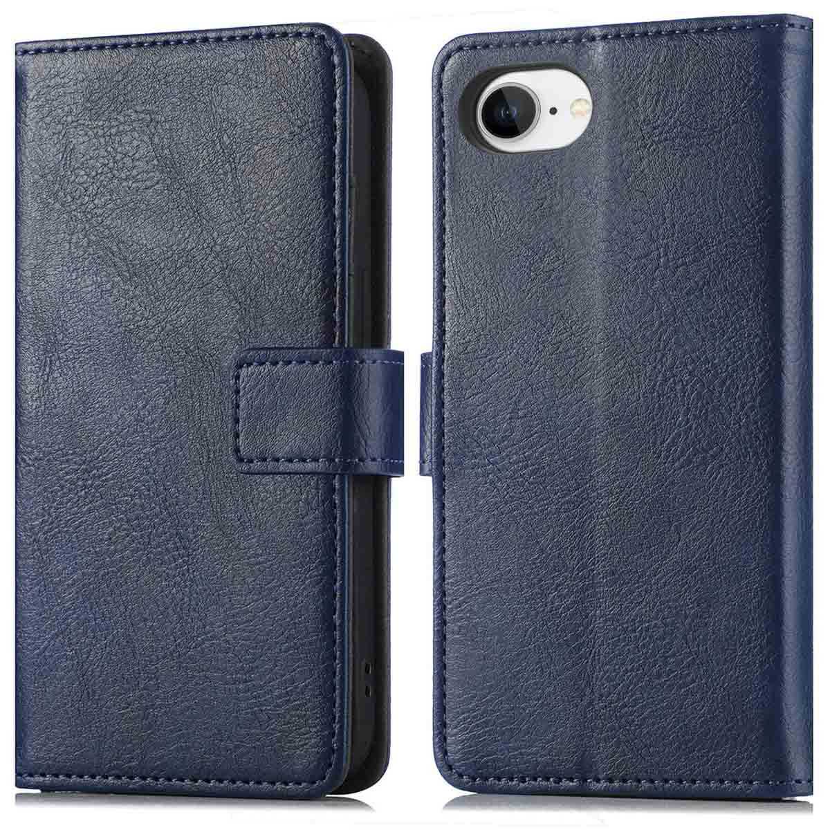 Een donkerblauwe leren telefoonhoes, open om de binnenkant te laten zien. Het heeft een riemsluiting.