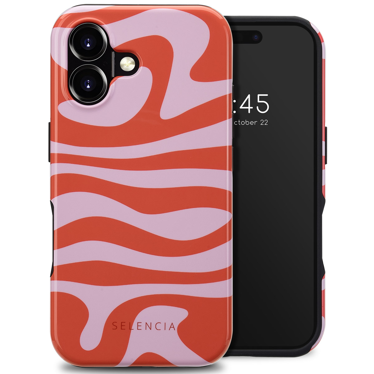 Custodia per telefono con motivo a onde arancioni e rosa e un telefono che mostra l'ora. Il telefono è a destra.