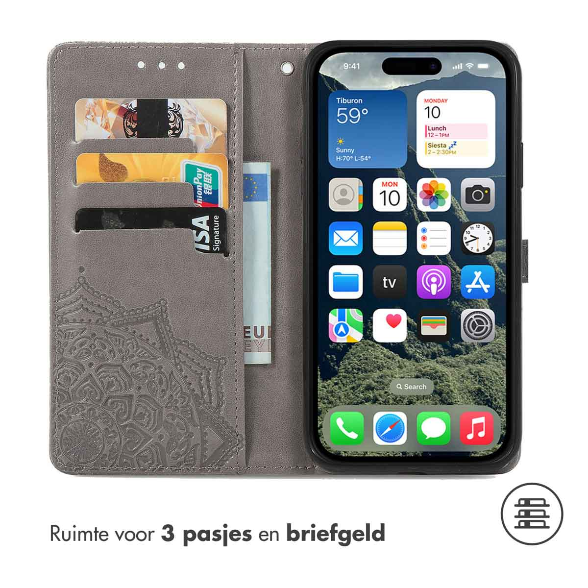 Un telefono all'interno di una custodia folio grigia. Mostra lo schermo del telefono e gli slot per carte e contanti. Lo sfondo è bianco.