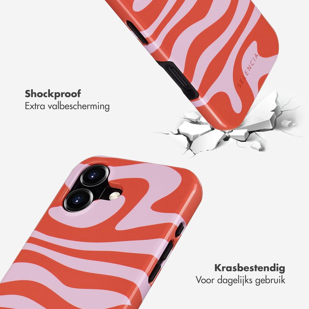 Custodia per telefono con un design a onde arancioni e rosa, con testo che indica antiurto e resistente ai graffi.
