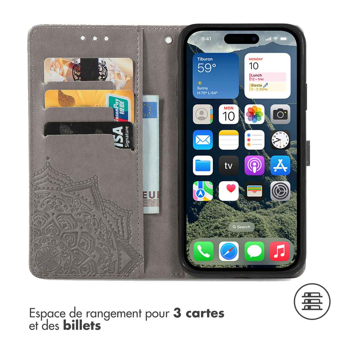 Telefono in una custodia a portafoglio con carte e denaro. Il telefono mostra ora e meteo.
