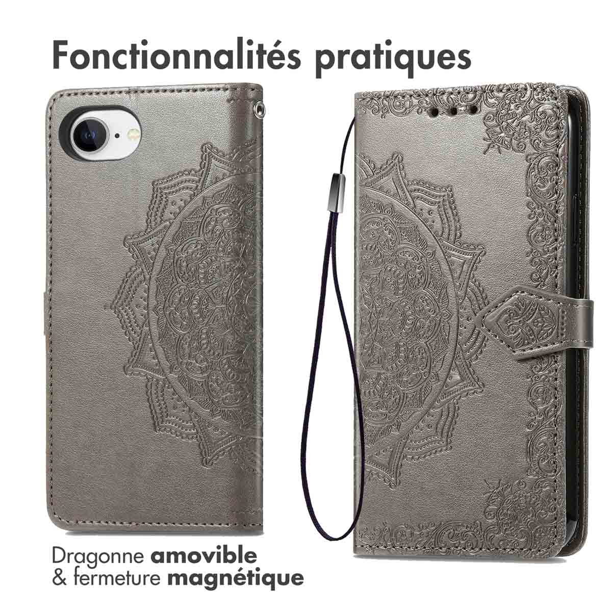 Una custodia per telefono con un design mandala. È grigia con chiusura magnetica.