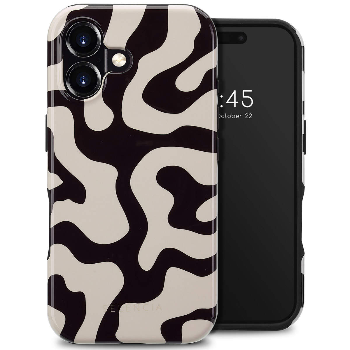 Une coque de téléphone avec un motif abstrait noir et blanc, sur fond blanc.