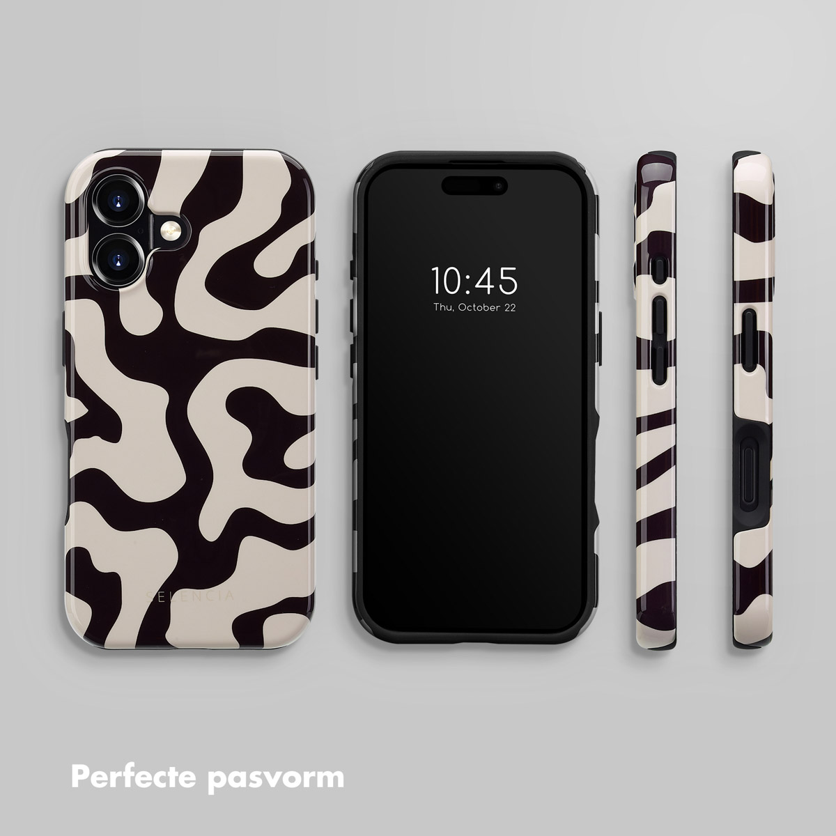 Coques de téléphone et un téléphone. Le téléphone affiche l'heure et la date. Les coques ont un motif de vagues.