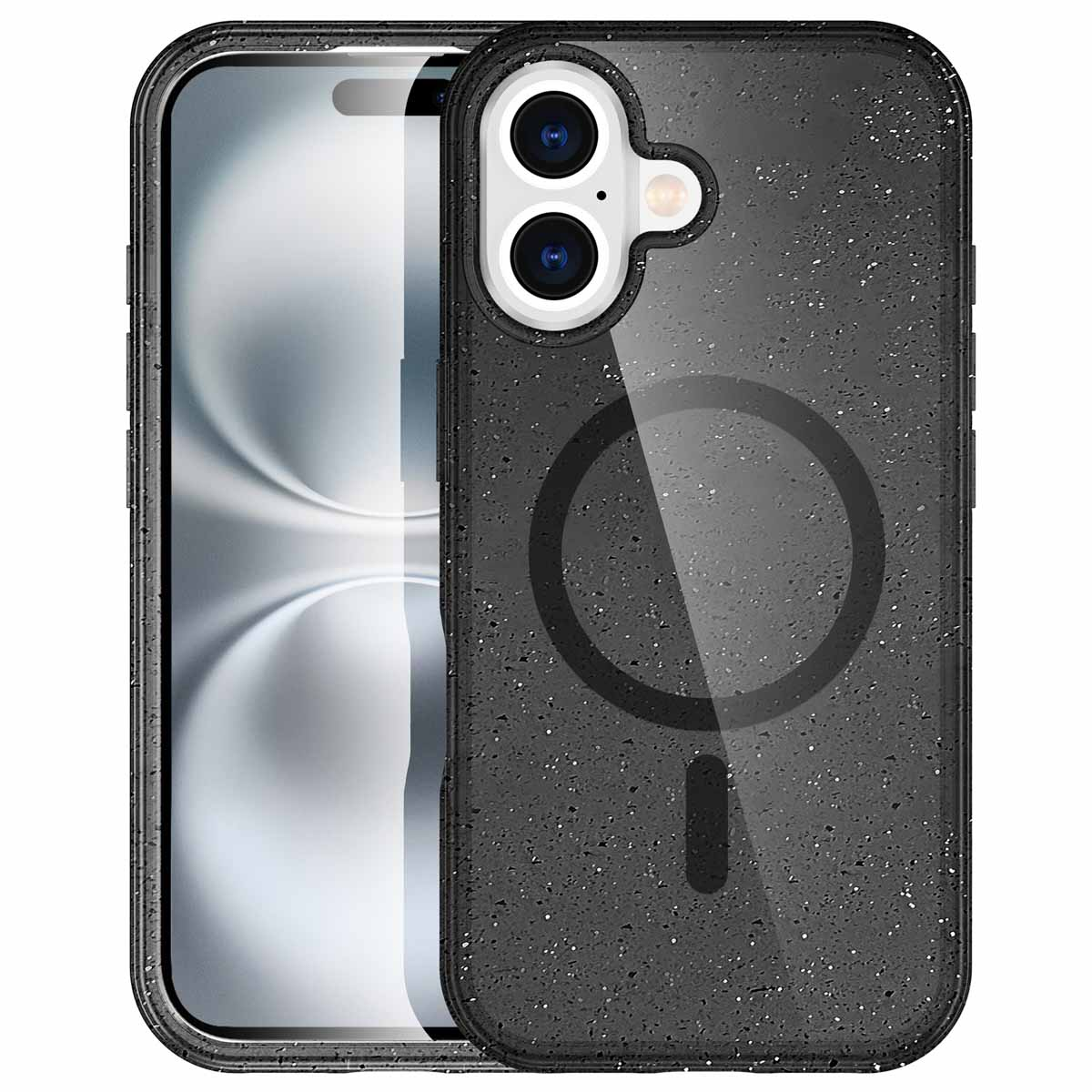 Een zwarte telefoonhoes met een doorzichtige achterkant, een camerabult en een cirkelvormige magneet op de achterkant.