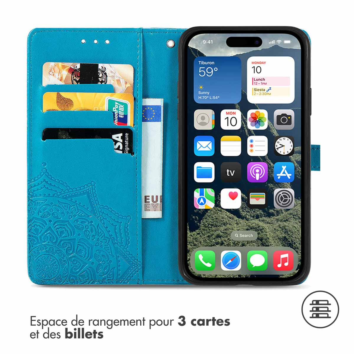 Portafoglio telefonico turchese con telefono e carte. Il telefono mostra l'ora e le icone delle app.