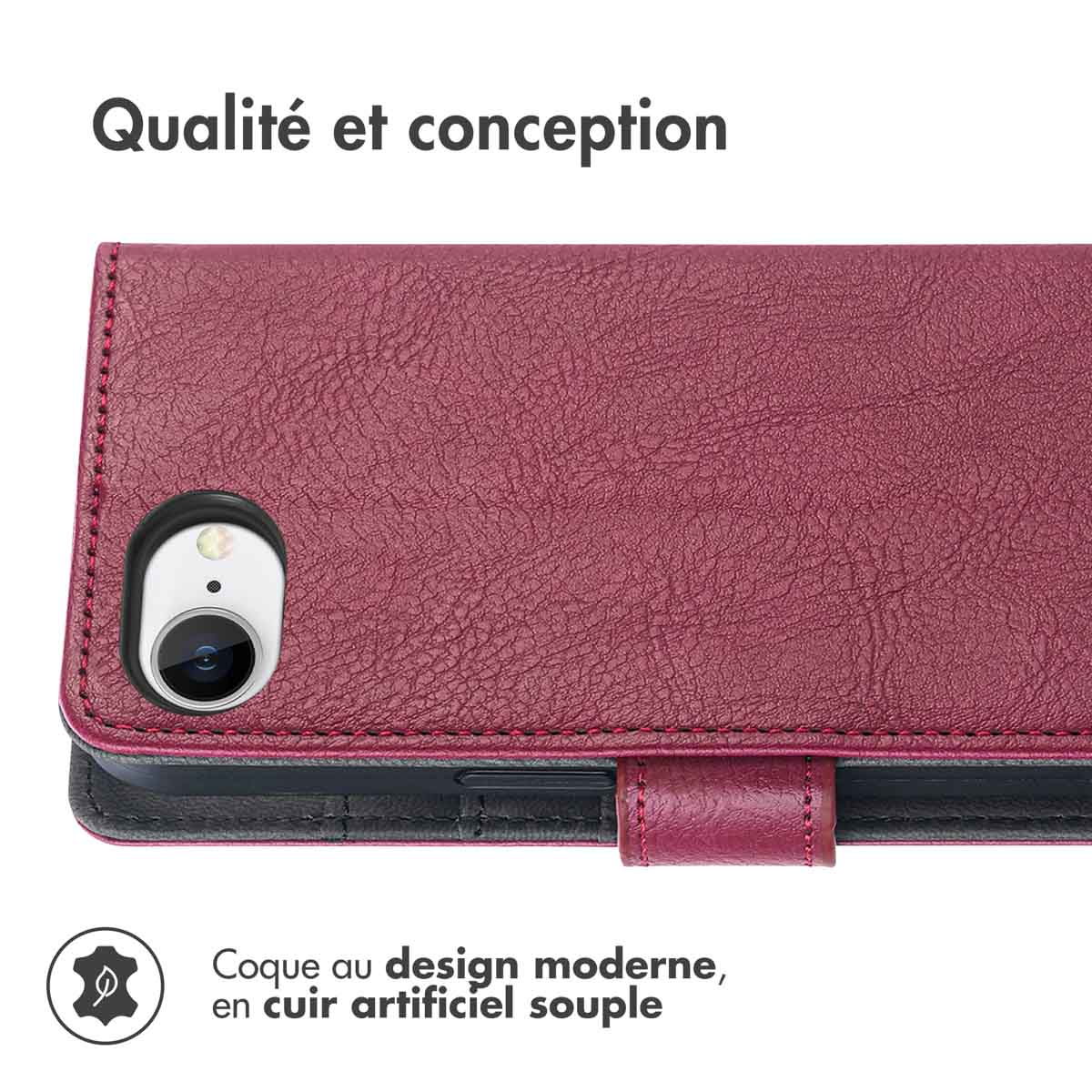 Bordeaux telefoonhoesje met een cover, met een leerachtige textuur.