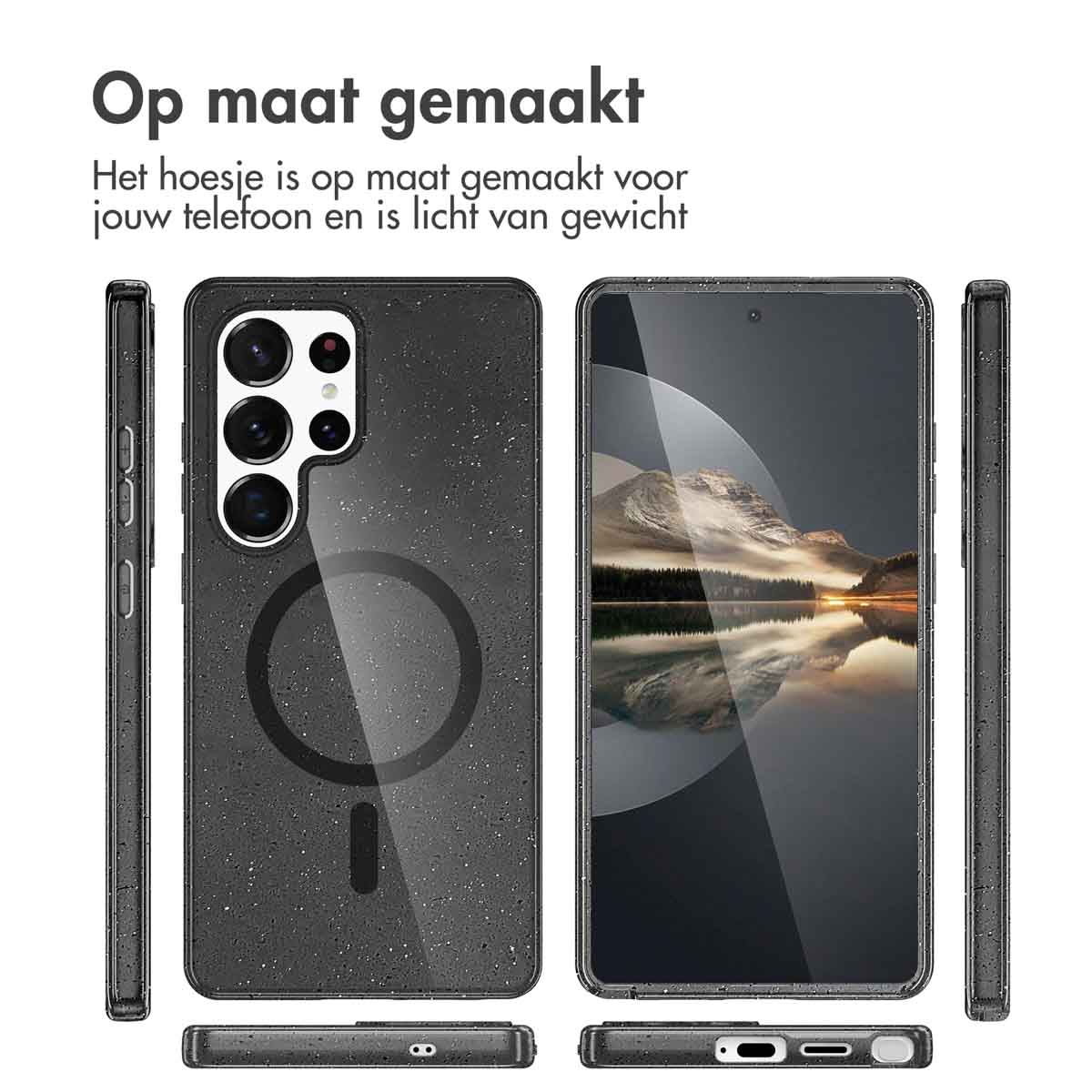 Telefoonhoesje met telefoon erin. Meerdere weergaven. Zwarte, gespikkelde hoes met camera-uitsparingen.
