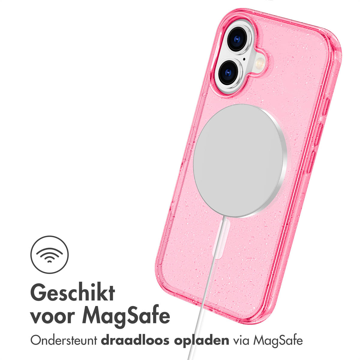 Een roze telefoonhoes met een MagSafe-oplaadcirkel. De hoes is voor een iPhone.