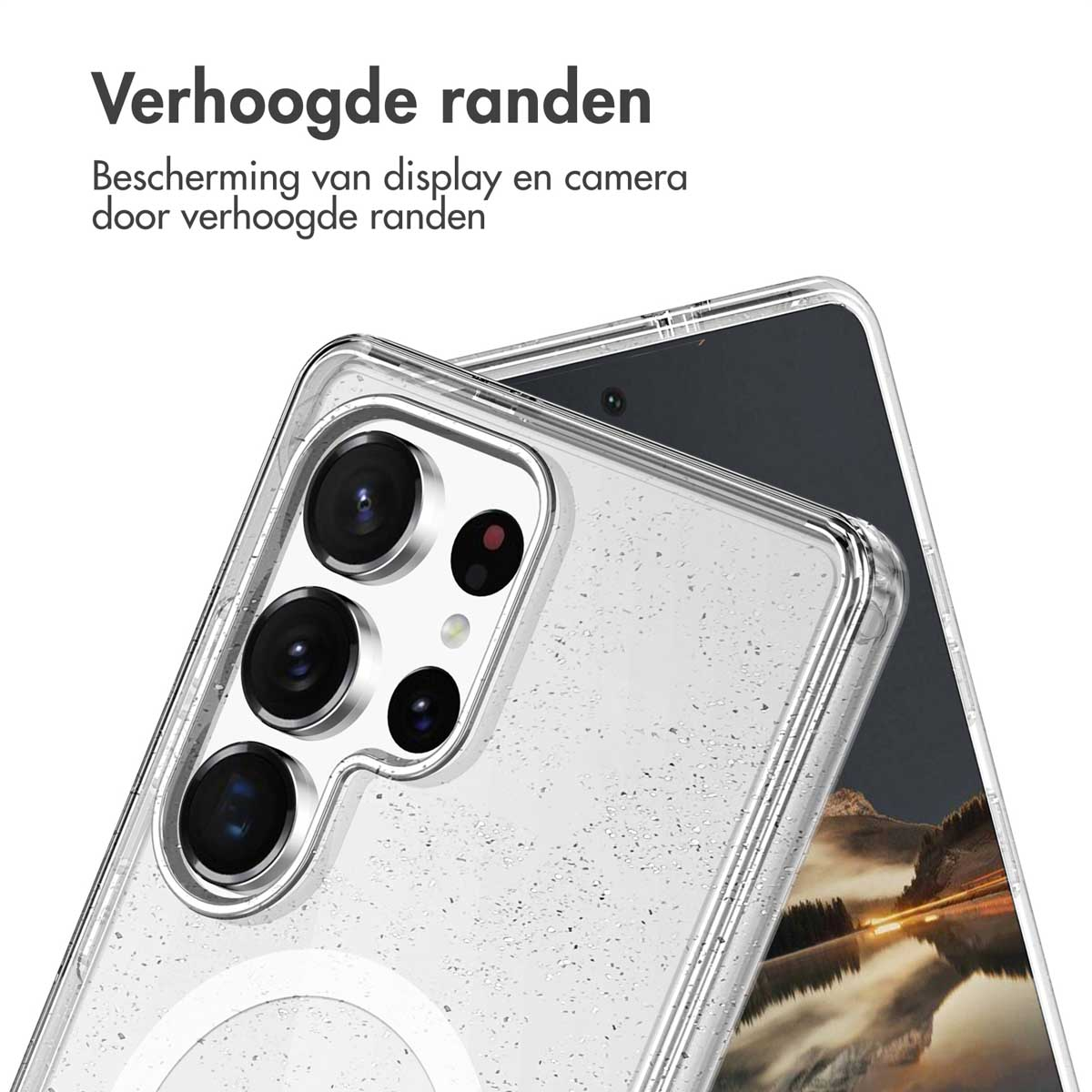Telefoonhoes met verhoogde randen. De camera van de telefoon is zichtbaar. Transparante hoes.