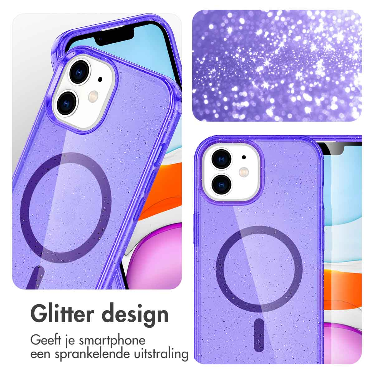 Due custodie per telefono con design glitterato. Una su un telefono, una con sfondo glitterato.