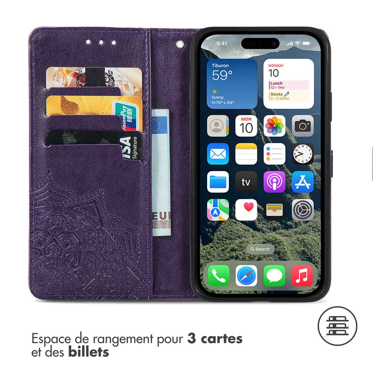 Una custodia per telefono viola con un design a portafoglio, che contiene carte e un telefono. Testo: stoccaggio 3 carte e banconote.