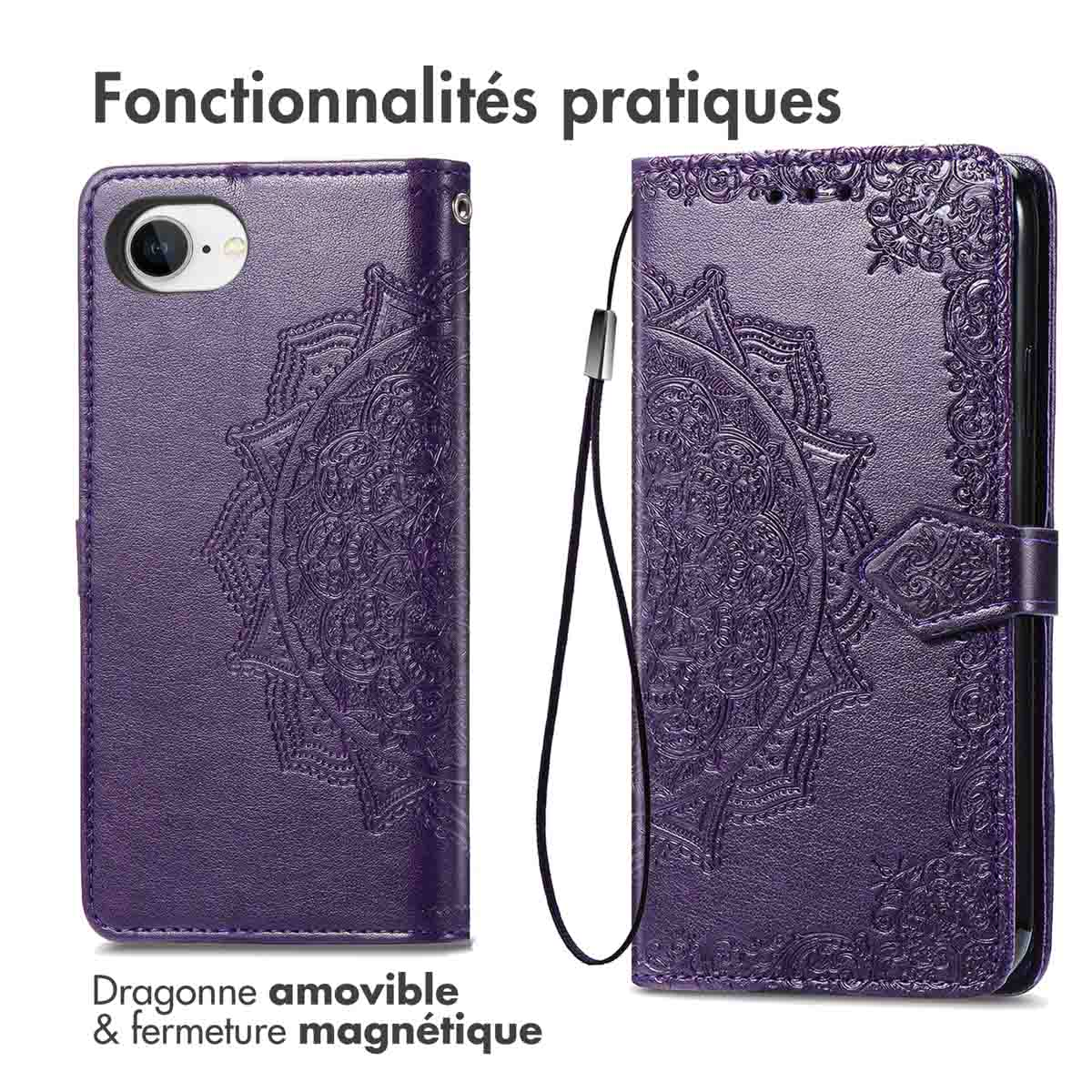 Una custodia per telefono viola con un design a mandala e una chiusura magnetica.